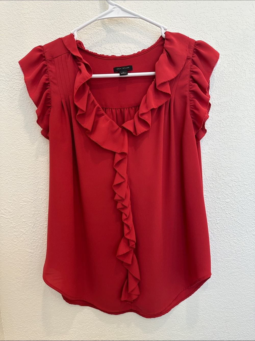 Ann Taylor Red Ruffle-Front Cap Sleeve Blouse